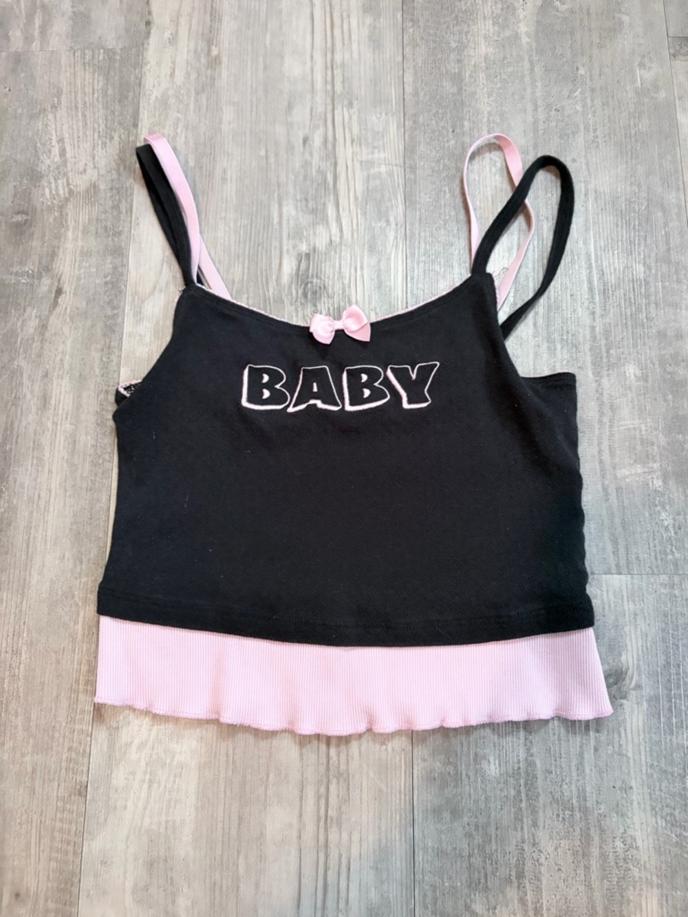 Sugar Thrillz pink + black “baby” cropped tank top